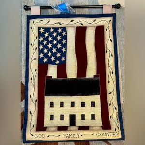 Vtg Americana Woven Hanging Tapestry w “God-Family-Country” Wrought Iron